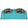 Plato Comedero doble acero inoxidable - base plástico - Celeste