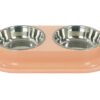 Plato Comedero doble acero inoxidable - base plástico - rosado pastel - Imagen 2
