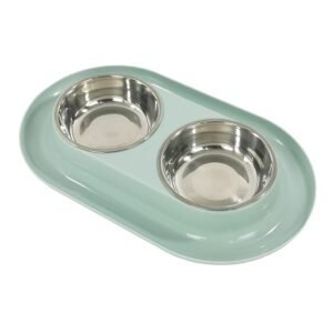 Plato Comedero doble acero inoxidable - base plástico - celeste pastel
